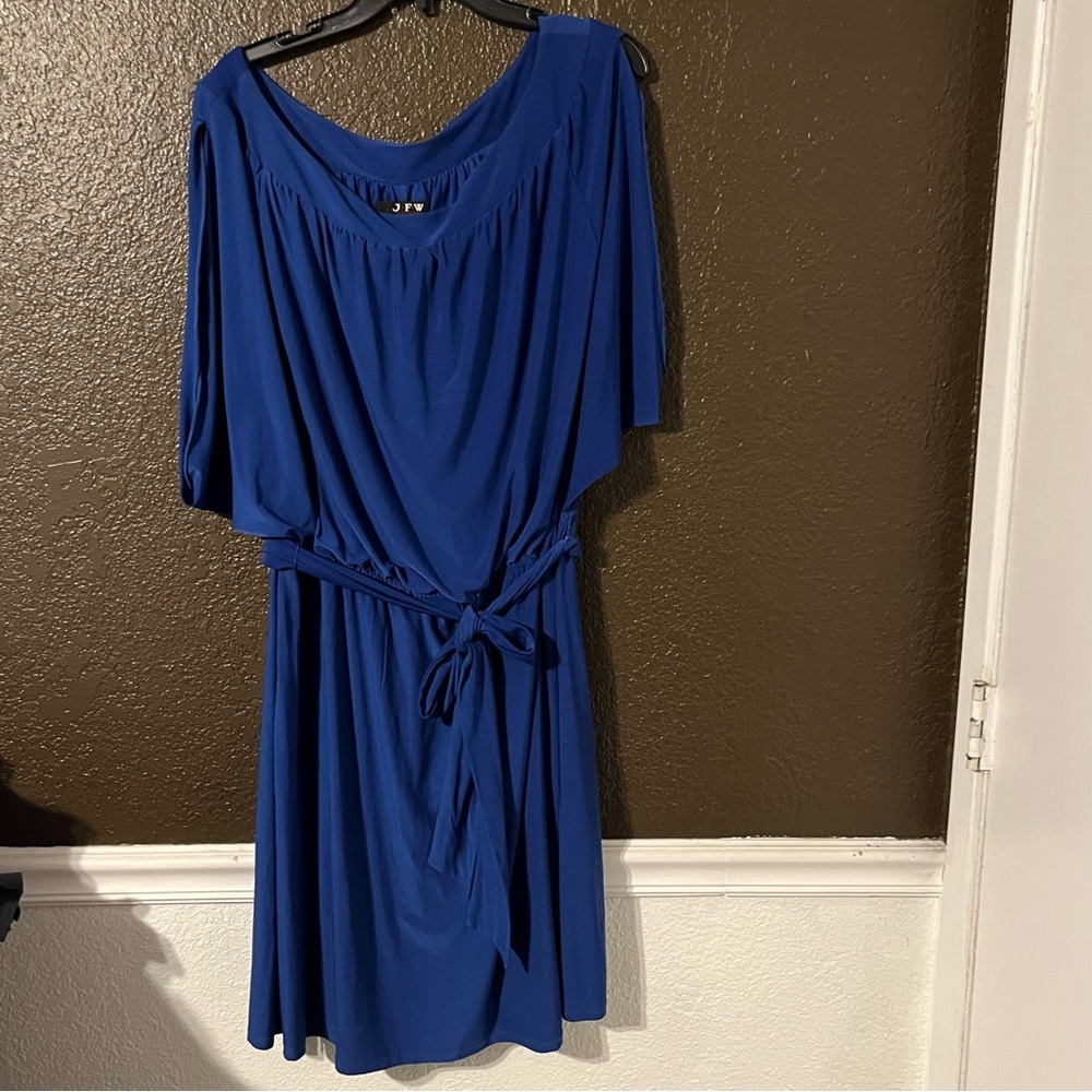 Blue Short Open Sleeve Knee Length Dress with Tie for Waist, Size 3X